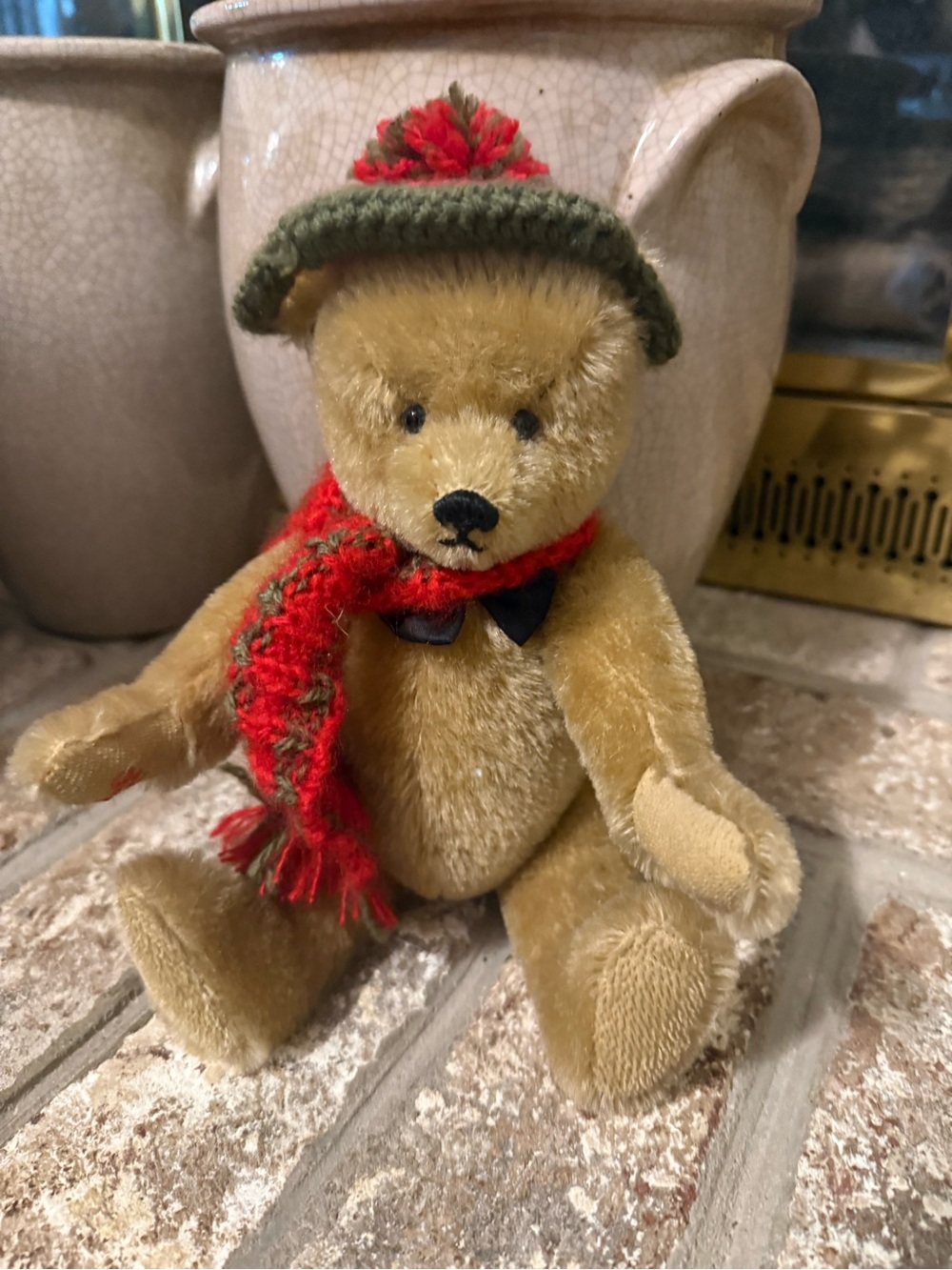 Plush Tan Teddy Bear with Red & Green Knit Hat and Scarf
